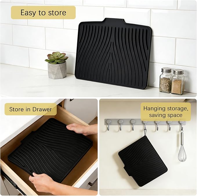Silicone Drying Mat, 16"X13" With Built-in Drain Lip,Heat-Resistant,Eco-friendly,Hygienic Drying Pad,Leak-Proof and Non-Slip,Silicone Dish Drying Mat for Kitchen Counter or Sink(Black 16X13)