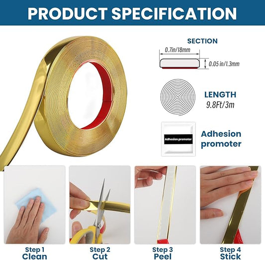 Peel and Stick Molding Trim Waterproof Mirror Tape Border Flexible Wall Trim Molding Self Adhesive for Home Decoration Wall Protection(9.8 Ft)