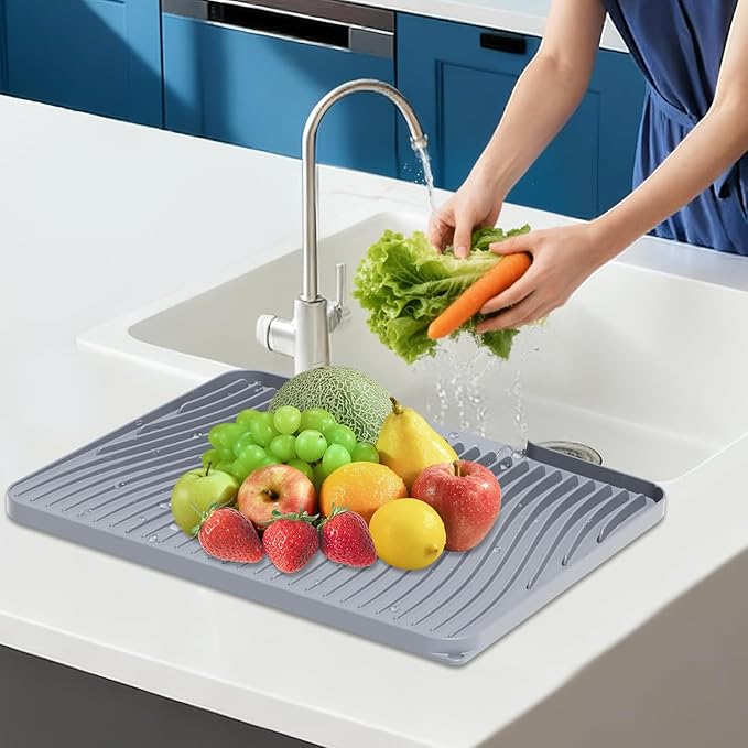 Silicone Dish Drying Mat for Kitchen Counter, Non-Slip Drain Pad, Dish Drying Pad, Easy to Clean Dish Rack Pad, Multi-Use as Heat Resistant Trivet, 15.8" x 13" , Grey