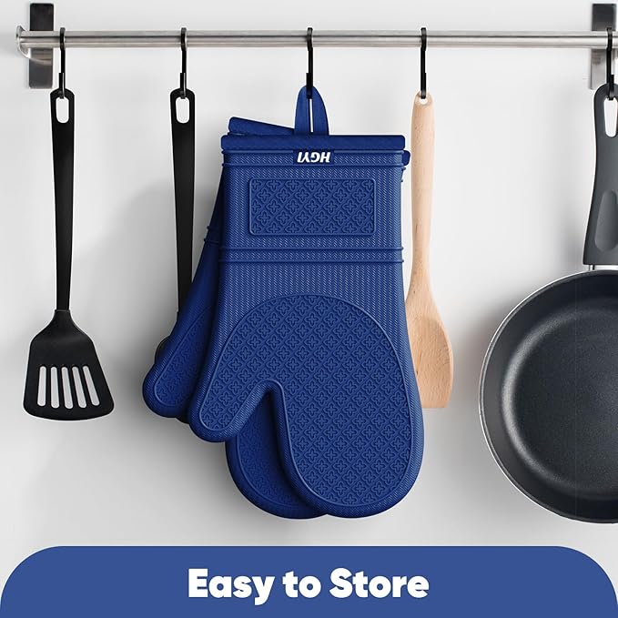 Silicone Oven Mitts, Heat Resistant Oven Gloves with Quilted Liner, Waterproof & Non-Slip Kitchen Mittens for Baking Cooking BBQ, 500°F, 12.5"-Madnight Blue