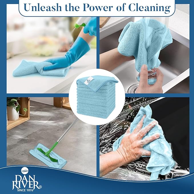 DAN RIVER 24-Pack Blue Microfiber Towels โ Ultra Absorbent, Lint-Free & Streak-Free wash Cloths Kitchen for Home & Car - Must-Have Cleaning Essentials - 12" x 12"