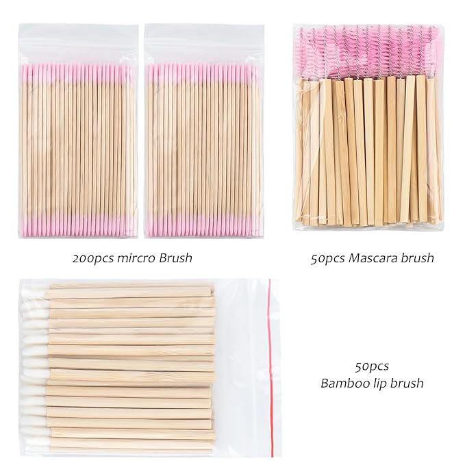 300 pcs Eyelash Extension Supply Kits 200pcs Disposable Double pointed head Wooden Micro Brush 50pcs Eyebrow Lash Spoolie 50pcs Lip Brush Mascara Wand Applicator Makeup Tools (Bamboo pink kits)