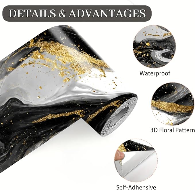 Marble Wave Wallpaper Border 196x4 Inch Peel and Stick Wall Border Black White Gold Pattern Removable Vinyl Wall Trim Kitchen Bathroom Living Room Home Decor