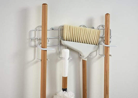 ClosetMaid 3462 Broom & Mop Holder for Wall or Door Mount, Durable White Metal Steel