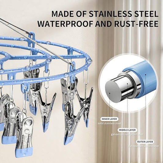 PHYDELU Drying Rack Clothing with 24 Clips,Sock Hanger for Drying,Hanging Clothes Dryer Underwear Hangers Racks Laundry Herb Socks Panty Wet Bra Lingerie Baby Delicates Foldable Small Indoor Metal