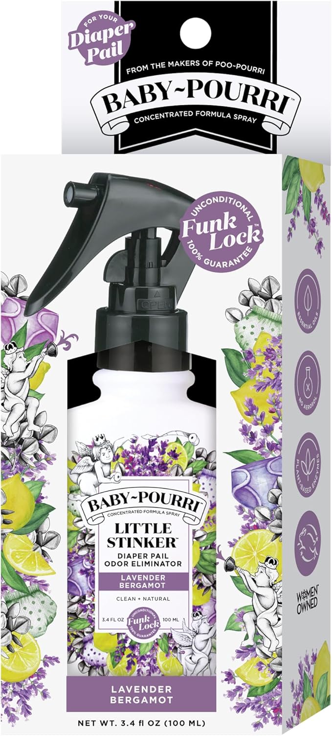 Baby-Pourri Little Stinker Diaper Pail Deodorizer Spray,3.4 Fl Oz,Up to 150 Uses,Odor Freshener with Essential Oils,Nursery Essentials,Lavender,Bergamot,Eucalyptus & Vanilla Scent,(Pack of 2)