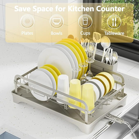 LIYI Dish Rack - Dish Racks for Kitchen Counter, Kitchen Dish Drying Rack Kitchen with Removable Utensil Holder and Drainboard, 16.5" D x 11.6" W x 6.6" H, Grey