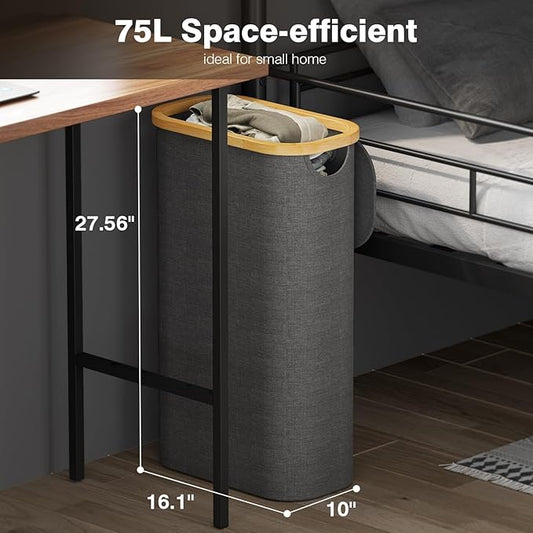 75L Slim Laundry Hamper with Lid, Dirty Clothes Hampers for Laundry, Collapsible Laundry Baskets for Small Spaces, Bedroom, Bathroom, Laundry Room, Dark Grey