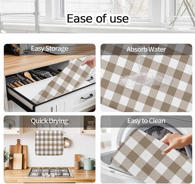 Dish Drying Mat Light Brown Buffalo Check Plaid Drying Mats for Kitchen Counter Farmhouse Style Absorbent Microfiber Dish Drainer Quick Drying Coffee Mat with Hanging Loop, 16 x18 inch