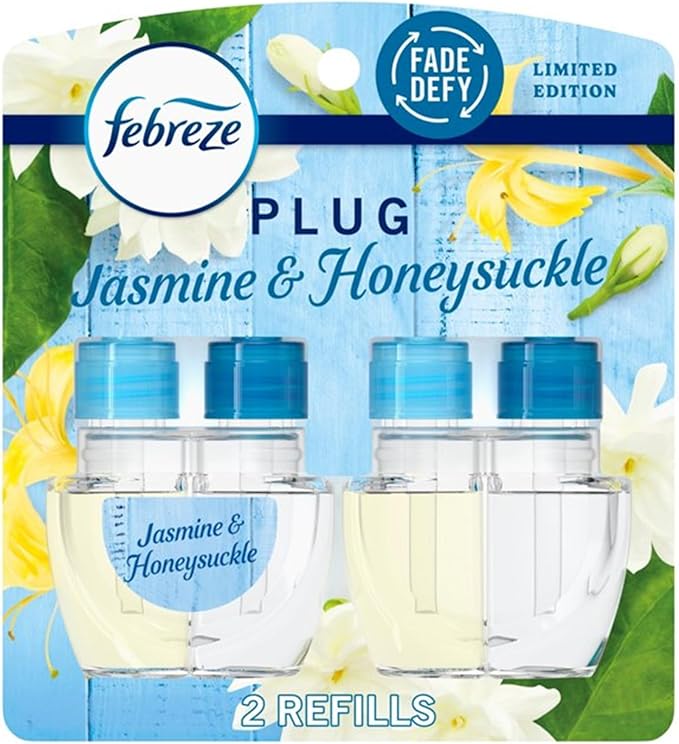 Febrezee Plug In Refills New Edition Plug In for Odor-Fighting Fade Defy PLUG Air Freshener, (2) Count of 0.87 fl oz Refills (Jasmine & Honeysuckle)