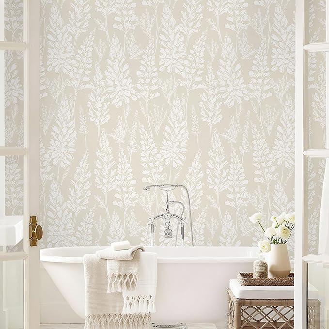 Ismoon Floral Peel and Stick Wallpaper Boho Beige Contact Paper 17.3''x78.7'' Neutral Wallpaper Renter Friendly Removable Self-Adhesive Wall Paper for Bedroom Kitchen Wall Decor Vinyl