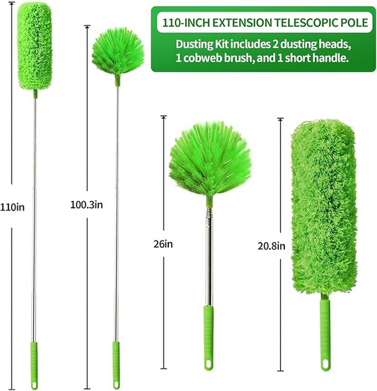 Cobweb Duster with Extension Pole, Washable Cleaning Duster Kit with 3 Duster Heads, Cobweb Duster, Corner Brush, Aluminum Telescoping Pole for high Ceiling Fan,Spider Web Brush with Extension Pole