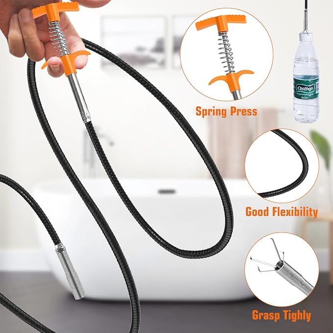 New Upgrade 35 inch Drain Snake Hair Drain Clog Remover Tool - Sink Drain Cleaner for Toilet Sewer Shower Kitchen Bathroom Tub Clogged Drains Opener Cleaning Tool, Flexible Grabber Claw Pick Up Tool