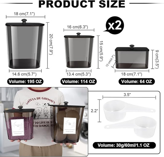 Zingbee 4 Pack Laundry Detergent Containers & Dryer Sheet Holder with Black Lids, Scoops & Labels - Plastic Laundry Organizer and Storage Jars for Pods, Detergent, Scent Booster