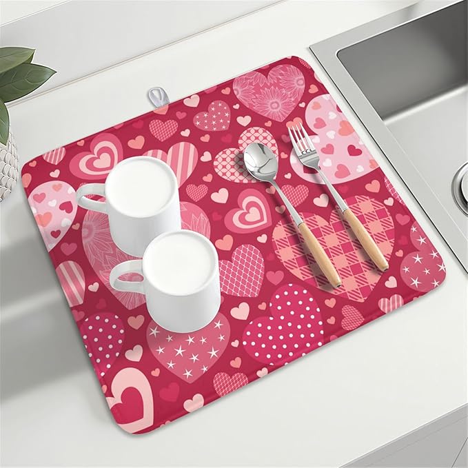 Valentine's Day Dish Drying Mat 16 x 18 Inch Heart Shaped Pattern Dish Drying Pad Absorbent Microfiber Mats for Red Dish Rack Pad for Kitchen Counter Coffee Bar Decor