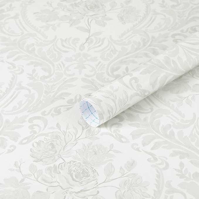Ismoon Floral Peel and Stick Wallpaper Grey Contact Paper Boho Watercolor Damask Wallpaper Vintage Textured Removable Self Adhesive Vinyl Wall Paper Renter Friendly, 17.3inX49ft