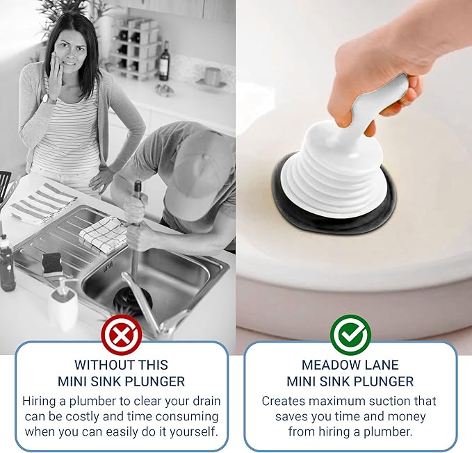 Meadow Lane Small 7" Sink Plunger - Mini Clog Remover for Kitchen & Bathroom Sink Drains - Hand Ergonomic, Space-Saving & Powerful Suction - Universal Fit, Commercial Grade, Silver/White, 2-Pack