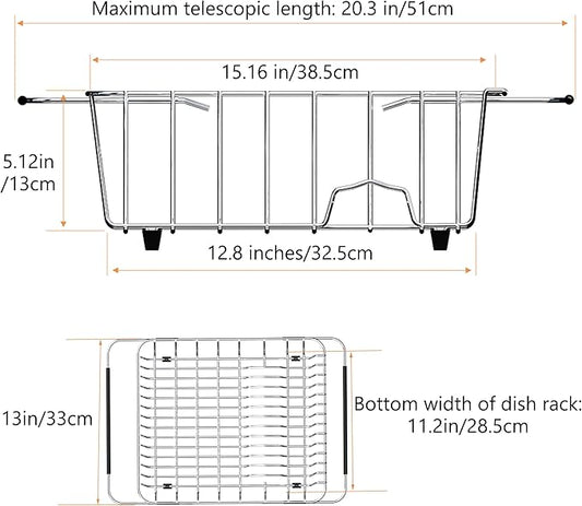 NiuYichee Stainless Steel Dish Drying Rack(15.2"L X 13"W X 5.8"H), Expandable Fruit & Vegetable Drain Rack over Sink, Dish Drainer Rack in Sink, with Stainless Steel Utensil Holder & Silicone Mat(16")