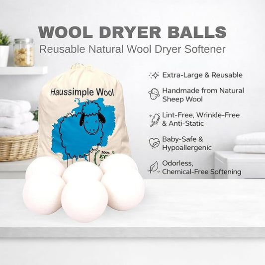 Wool Dryer Balls 6-Pack 100% Natural New Zealand Wool, Handmade in Nepal Reusable Laundry Balls, Faster Drying, Softer Clothes, Anti-Static, Dryer Sheets Alternative (Plain White)
