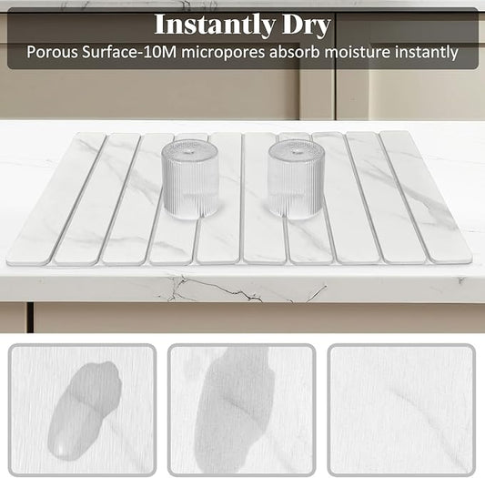 2 PCS Large Stone Dish Drying Mats for Kitchen Counter, 24"(L)×16"(W) Marble-Pattern Dish Drying Mat with 8"x 4" Coasters, Eco-Friendly Diatomite Dish Drying Mat - Fits All Countertops