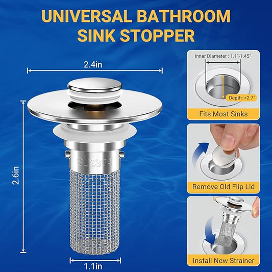 Bathroom Sink Drain Strainer, Pop-Up Bathroom Sink Stopper with Removable Stainless Steel Hair Catcher Basket, Universal Fit for US Bathroom Sinks, Showers & Floor Drains (1pcs)