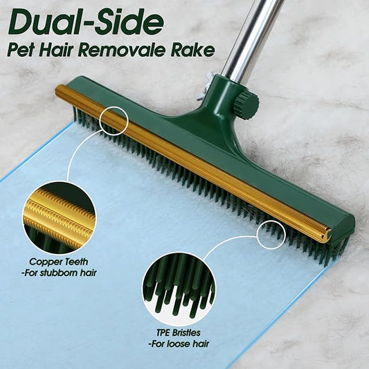 Carpet Rake for Pet Hair Removal, 60’’ Dual-Side Pet Hair Removal Tool with Adjustable Handle, 3 in 1 Reusable Lint Remover Dog Cat Fur Remover Broom for Rugs, Mats, Beds, Stairs, Couch