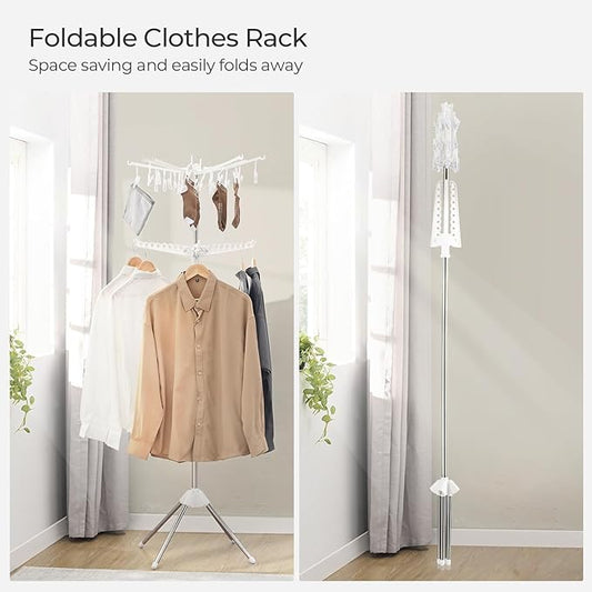 Clothes Drying Rack, 72 Inch Tripod Laundry Drying Rack 2 Tier, Folding Steamer Stand, Garment Rack for Hangers, for Saving Sapce, Clothes Storage, Metal Frame, Indoor Outdoor, White