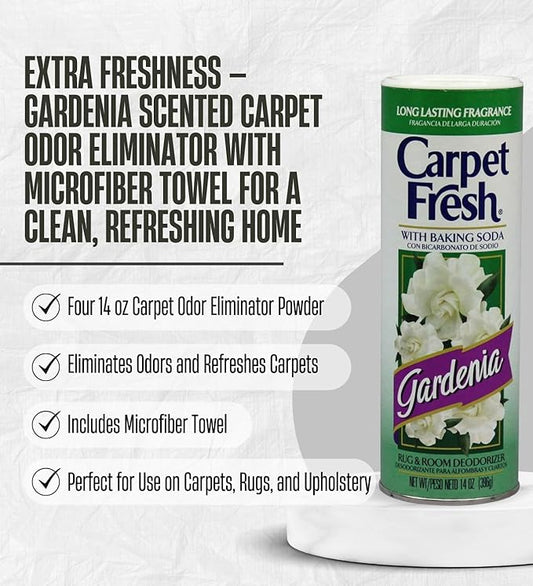 4x Carpet Fresh Gardenia Scent Carpet Odor Eliminator 14 oz Powder Bundle with Microfiber Cleaning Cloth – Eliminates Pet Odors, Provides Long-Lasting Freshness – Gift Set (5 Items)