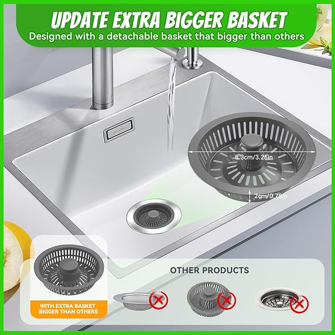 3 in 1 Sink Strainer Stopper and Pop-up Kitchen Sink Drain Strainer, Stainless Steel Filter with Bigger Basket, Anti-Clogging Kitchen Sink Drain Stopper for US Standard 3-1/2 Inch Drain