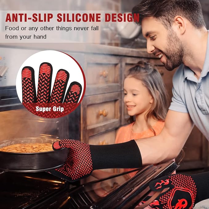 BBQ Grill Gloves : 1472 ℉ High Temp Resistance Fireproof Glove for Grilling Barbecue - Washable Long Silicone Oven Mitts Extreme Hot Proof Mittens for Kitchen Cooking Baking