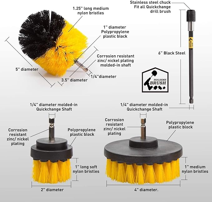 Holikme 4 Pack Drill Brush Attachments Set, Power Scrubber with Extend Long Attachment,Cleaning Supplies for Bathtub, Shower, Grout, Tile(Yellow)