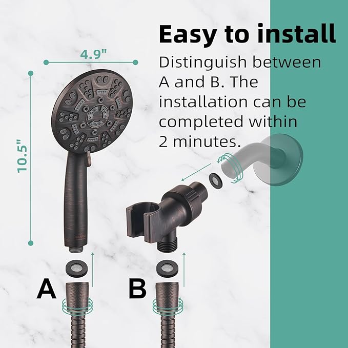 Cobbe 8-Setting Handheld Shower Head with High Pressure Shower Heads - Bathroom Showerhead Set - Detachable Showerhead with 5ft Stainless Steel Hose and Brass Swivel Bracket (ORB)