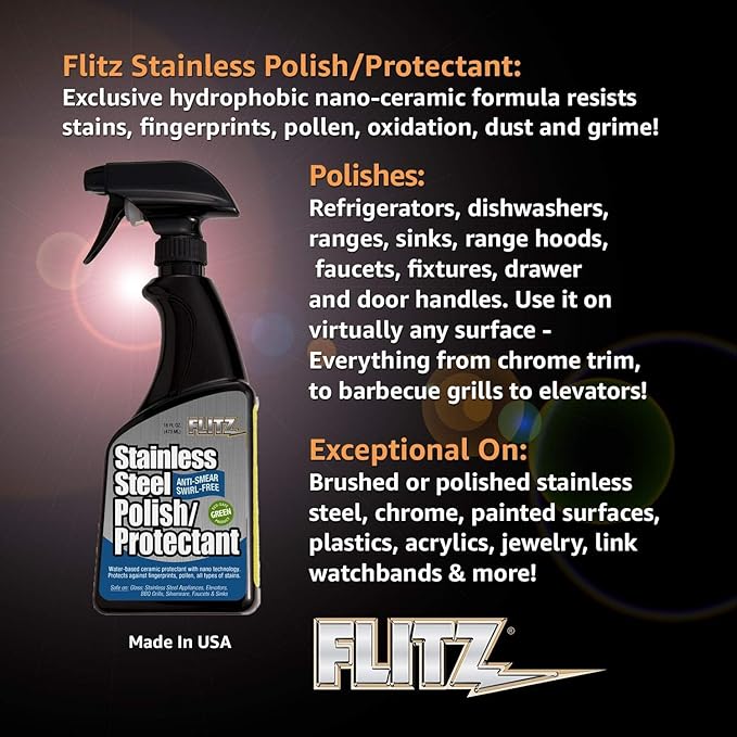 FLITZ Stainless Steel Appliance Kit - 7.6oz Liquid Polish, 16" Microfiber Cloth, 16oz Stainless Steel Chrome/Clean and Polish Protectant