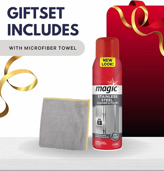 Magic Stainless Steel Cleaner & Polish Spray 17 oz Bundle with Microfiber Cloth - Foaming Formula for Easy Cleaning of Appliances, Sinks, and Chrome Surfaces - (2 Items)