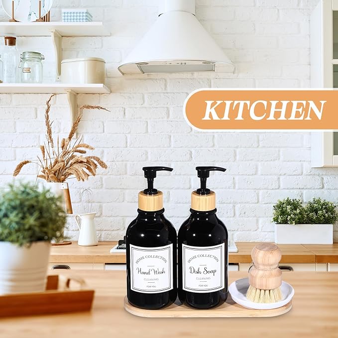 Zopeal 4 Pcs 16 oz Kitchen Soap Dispenser Set with Bamboo Tray and Dish Brush Plastic Soap Dispenser Set with Waterproof Labels for Hand Dish Lotion(Black)