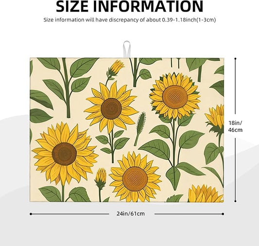 Sunflower Plants Dish Drying Mats for Kitchen Counter, Absorbent Reversible Microfiber Dish Drying Pad, Multi-Use Large Drying Mat Coffee Bar Accessories 18"x24"