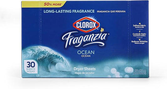 Clorox Fraganzia Fabric Softener Dryer Sheets, Wrinkle Reducing and Anti Static Laundry Dryer Sheets for Great Smelling Clothes, Softens Fabrics, Fresh Ocean Scent, 30 Count
