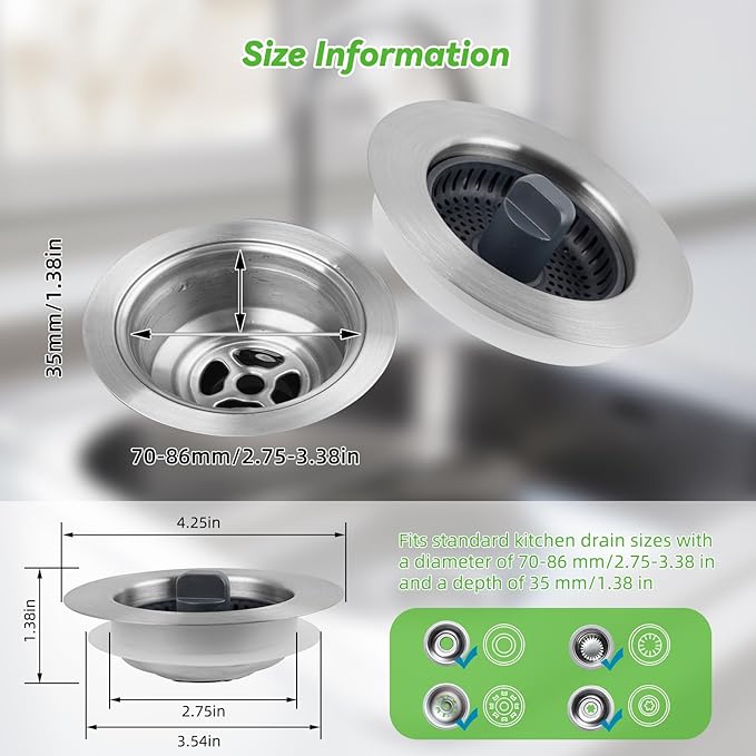 Universal Sink Stopper Strainer Combo, Stainless Steel Drain Stopper Kitchen Sink for US Standard 3-1/2 Inch Kitchen Sink Drain, Mesh Strainer for Food Garbage Disposal, Brushed Nickel