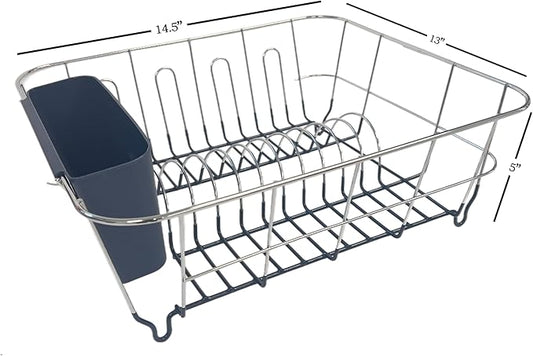 Dish Drying Rack & Cutlery Holder 2 Piece Set ✅ Compact Sink-Fitting Dish Drainer with Rubberized Undercoating ✅ Space-Saving Kitchen Organizer for Plates, Cups, Bowls & Utensils In Sink, Navy