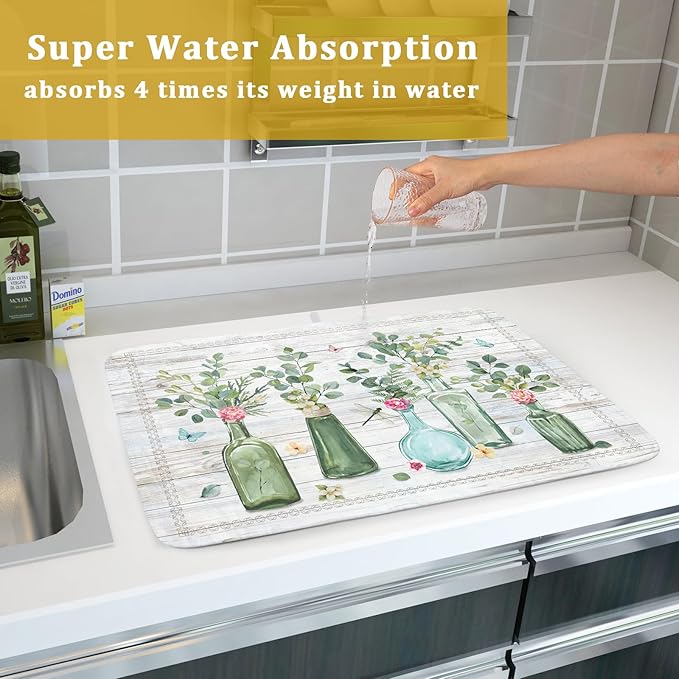 Fern Leaf Vase Dish Drying Mat 18x24 Inch Eucalyptus Leaves Microfiber Absorbent Dish Drainer Mat Reversible Drying Pad for Kitchen Counter Sink