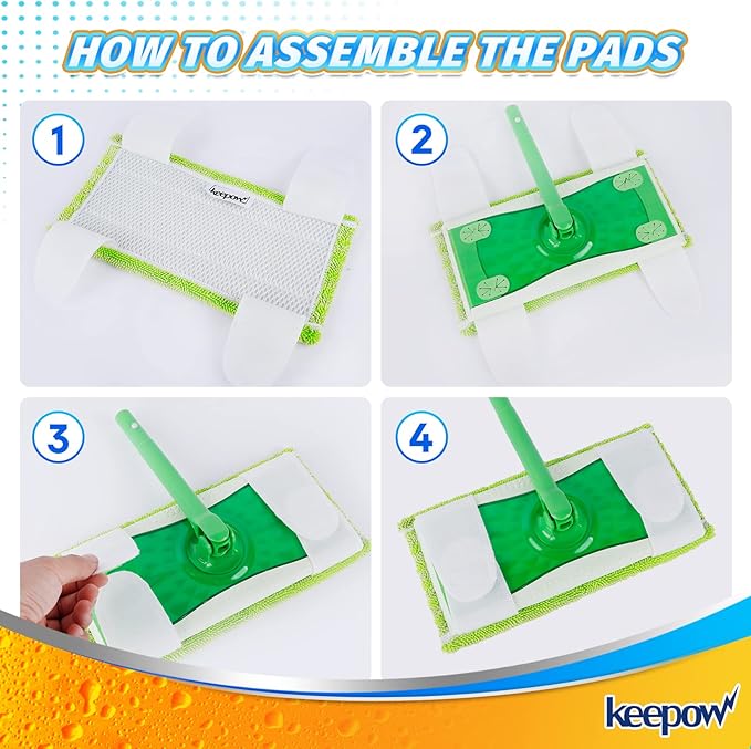 KEEPOW Reusable Mop Pads Compatible with Swiffer Sweeper – Washable Microfiber Floor Cleaning Refills for Wet & Dry Use – 10.6" x 5.1", 4 Pack