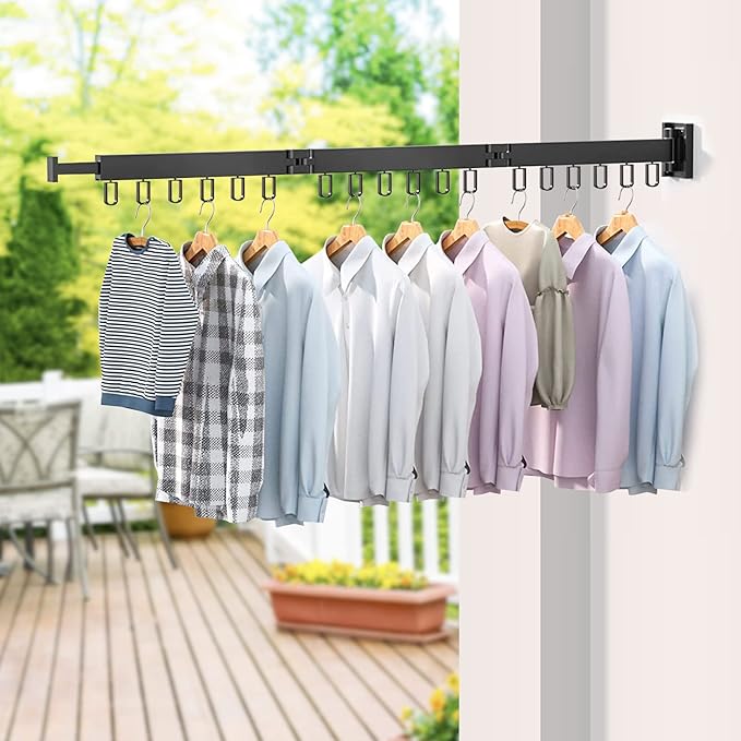 MIFXIN Retractable Clothes Drying Rack Tri-Fold Laundry Wall Mounted Clothing Drying Rack Hanger Collapsible Space Saver Foldable Clothes Hanger Rack for Laundry Balcony (Black)