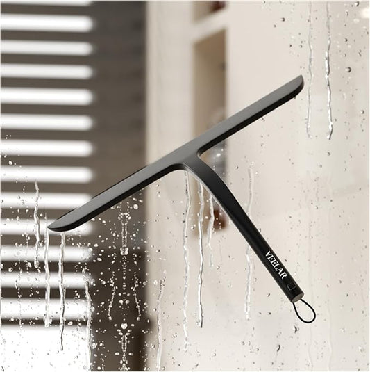 Shower Squeegee for Shower Glass, Bathroom Glass Cleaning Tool with Hook Mount, Squeegee for Glass Doors, Window Cleaning, Tile Shower Walls (Black)