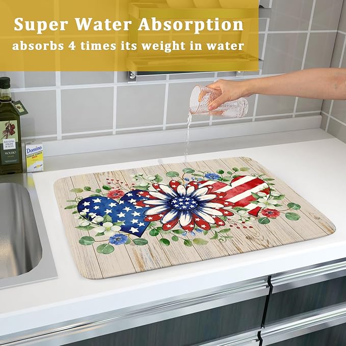 Independence Day Dish Drying Mat 18x24 inch Patriotic Love Heart Fast Dry Microfiber Dishes Drainer Rack Pad Kitchen Counter Accessories