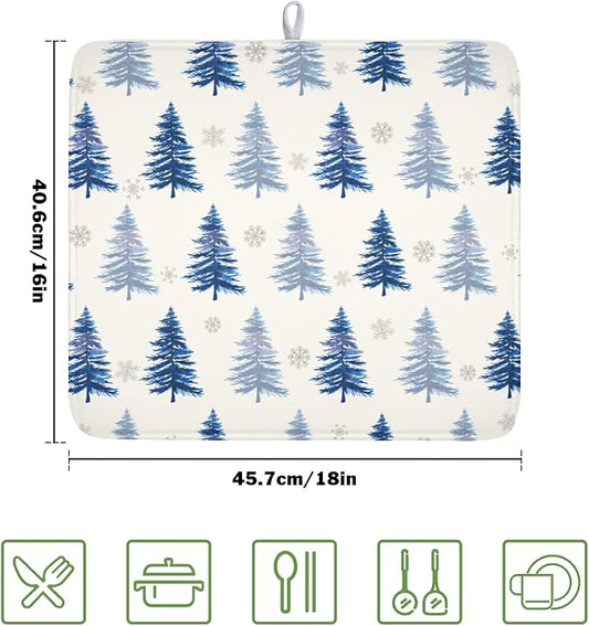 Winter Dish Drying Mat 16 x 18 Inch Blue Tree Dish Drying Pad Absorbent Microfiber Mats for Snowflake Dish Rack Pad for Holiday Kitchen Counter Coffee Bar Decor