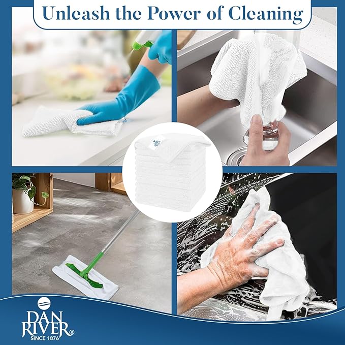 DAN RIVER 12-Pack White Microfiber Towels โ Ultra Absorbent, Lint-Free & Streak-Free dust Cloths for Home, Car & Kitchen - Must-Have Cleaning Essentials - 12" x 12"
