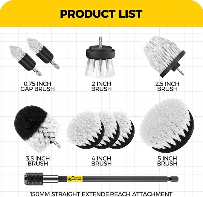 Holikme 10Pieces Drill Brush Attachments Set, Power Scrubber Brush with Extend Long Attachment,Scrub Brush,Shower Scrubber,Cleaning Supplies,Bathtub, Bathroom, Kitchen,White