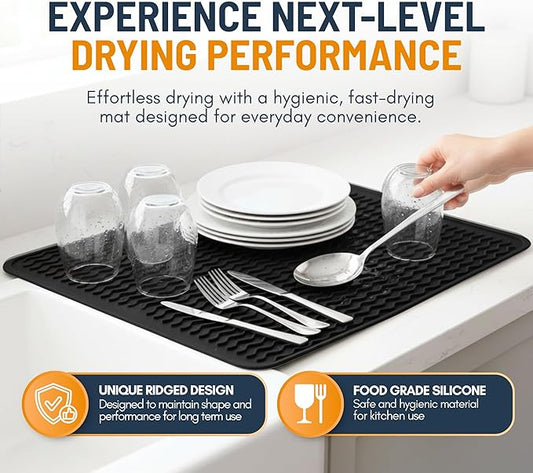 Silicone Dish Drying Mat for Kitchen Counter - Multi-Use 16 x 12 Inch Pad, Non-Slip & Heat-Resistant, Perfect Dish Drainer Mat by Linda’s Essentials, Ideal Kitchen Accessory (Black)