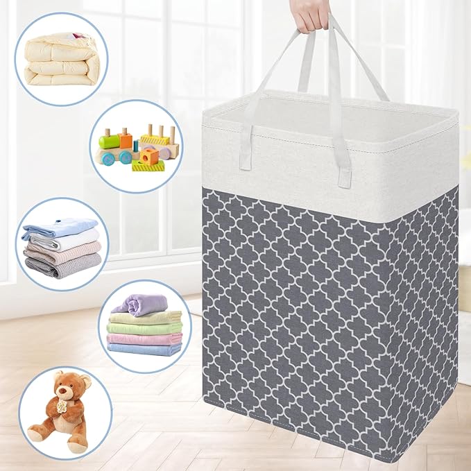 BlissTotes 3-Pack Laundry Basket, Freestanding&Waterproof Laundry Hamper, Collapsible Tall Clothes Hamper with Easy Carry Handles for Clothes, Towels in the Family and Dorm,Clover Grey,75L