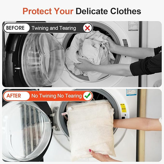 MADIKA 100% Cotton Mesh Laundry Bags, Organic Cotton Laundry bags, No Dye, Set of 4, Natural